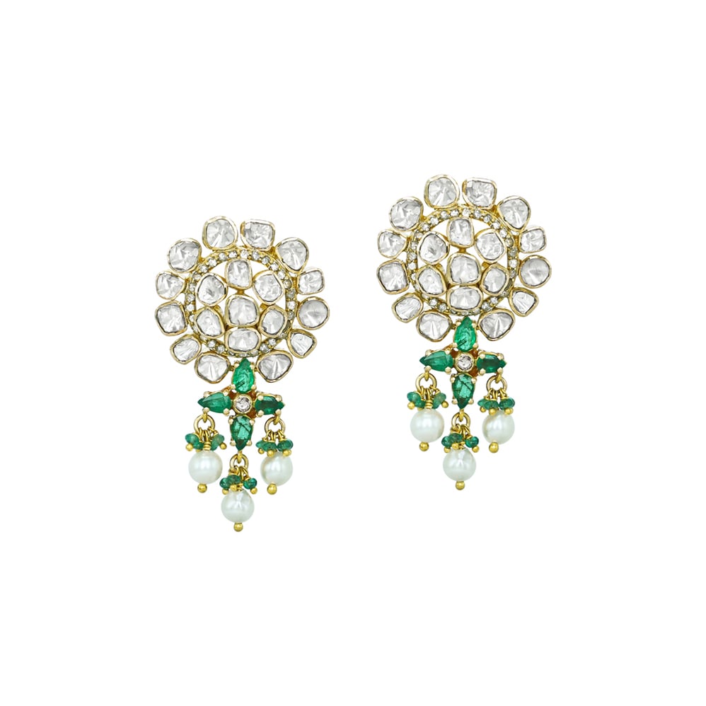 Floral Open Polki Earrings with Emerald and Pearl Drops